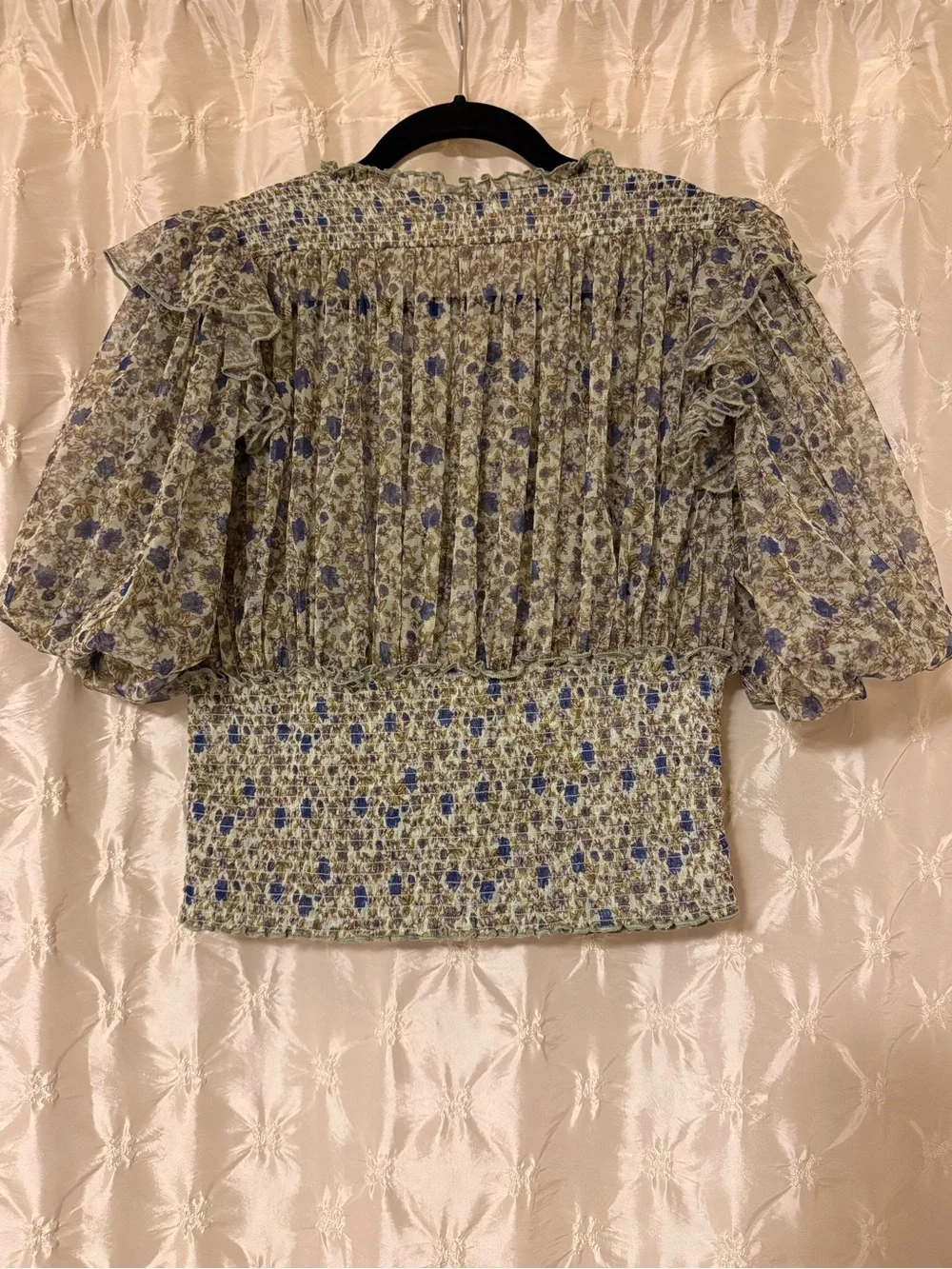 Free People Beatrice Floral Smocked Peasant Corset Blouse Top Green Puff Sleeve